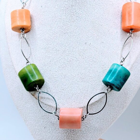 Multicolor Handmade Barrel Shaped Beads Silver Tone Necklace Earrings Set - Picture 5 of 6
